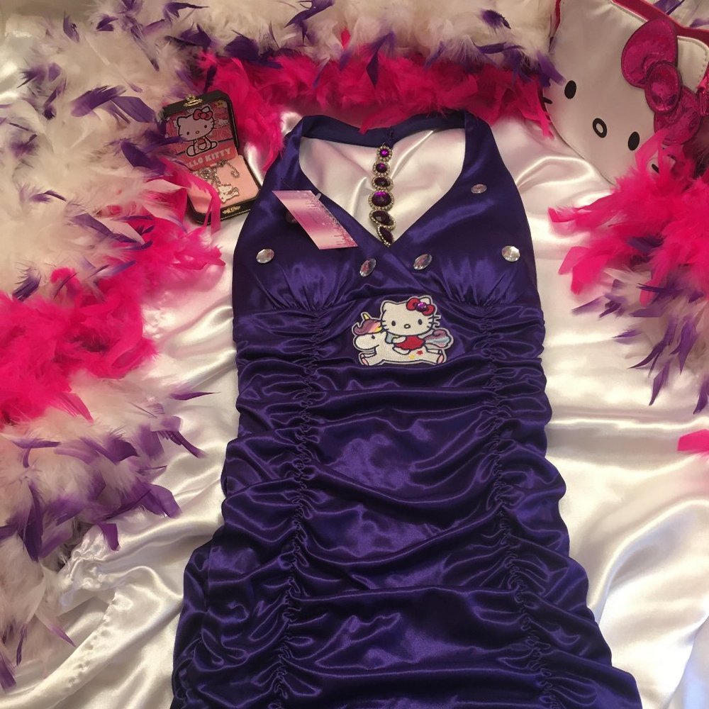 GORGEOUS purple satin y2k club dress and necklace with hello kitty and crystals!